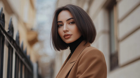 A portrait of an elegant woman in a brown coat, set against an urban backdrop. Her stylish appearance and confident expression embody modern beauty.の素材