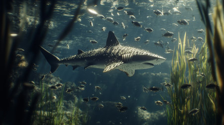 A stunning shark gracefully swims through a vibrant underwater landscape, surrounded by a school of small fish. This captivating scene highlights the beauty and serenity of marine wildlife.の素材