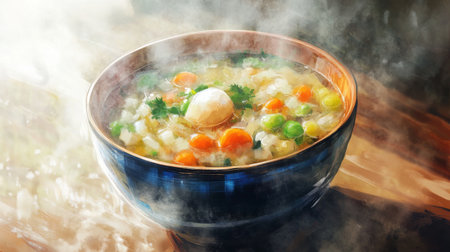 A steaming bowl of fresh vegetable soup filled with vibrant colors and nutritious ingredients. Perfect for a warm and comforting meal any time.の素材