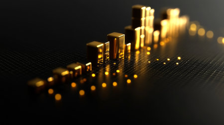 A stunning abstract visualization of golden financial analytics presented in a sleek 3D design, highlighting growth trends and investment performance.の素材