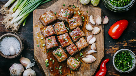 A mouthwatering display of grilled meat on a wooden cutting board, surrounded by fresh vegetables and spices, ideal for culinary inspiration.の素材
