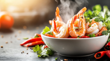A steaming bowl of fresh shrimp garnished with vibrant herbs and spices, perfect for a culinary presentation. Ideal for seafood lovers.の素材