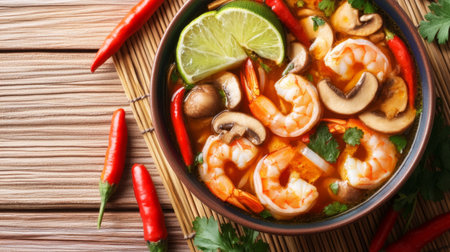 Discover a delicious shrimp soup featuring fresh ingredients like lime, chili, and mushrooms, perfect for an appetizing and vibrant meal.の素材