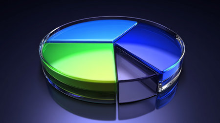 A vibrant glass pie chart designed for data visualization, featuring distinct segments in blue, green, and transparent. Ideal for business analysis and marketing presentations.の素材