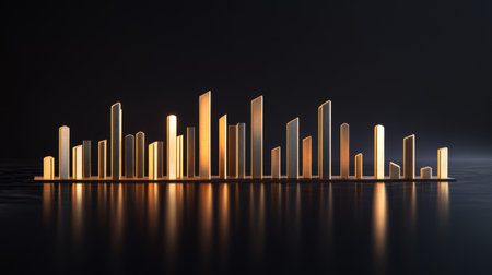 This abstract image showcases a golden light bar chart against a dark background, featuring a reflective surface that enhances its modern and elegant design.の素材