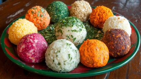 A vibrant platter featuring an assortment of colorful cheese balls and spreads, perfect for appetizers or casual gatherings, celebrating rich flavors and textures.の素材