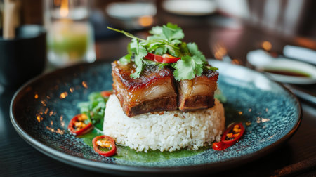 A mouthwatering plate featuring tender pork belly served on a bed of fluffy rice, garnished with fresh herbs and chili slices for a vibrant presentation.の素材