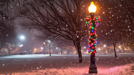 A captivating winter night scene featuring a lamp wrapped in colorful lights, surrounded by falling snow in a serene park. Perfect for seasonal themes.の素材