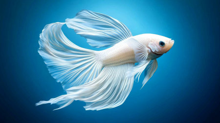 A stunning white betta fish glides gracefully through the pristine blue water, showcasing its elegant fins and vibrant beauty in an aquatic environment.の素材