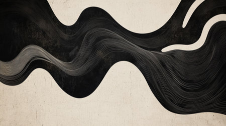 This abstract artwork features elegant wavy lines in black and white over a textured background, perfect for modern design projects or as unique wallpaper.の素材