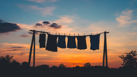 A tranquil silhouette of hanging laundry against a stunning sunset, showcasing vibrant colors in the sky. Perfect for themes of domestic life, nature, and relaxation.の素材