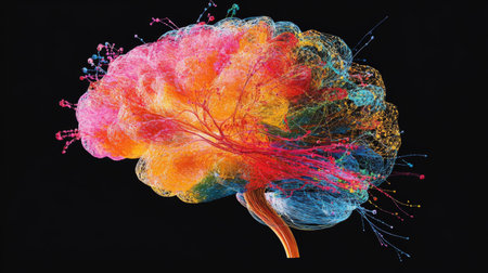 This vibrant and colorful abstract illustration of a brain showcases the intricate connections of neurons in a unique and imaginative style.の素材
