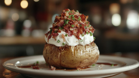 A delicious loaded baked potato topped with crispy bacon, creamy sour cream, and fresh chives, served on a plate, perfect for any meal or gathering.の素材