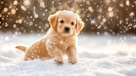 A delightful golden puppy frolics in a snowy landscape, surrounded by soft snowflakes. This charming scene captures the joy and innocence of winter playtime.の素材
