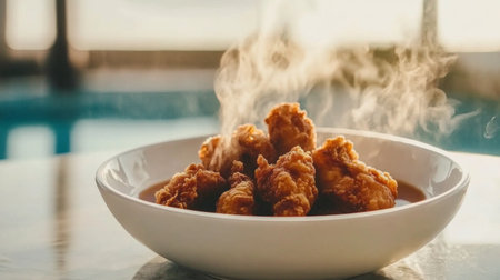 A steaming bowl of crispy fried chicken showcases deliciousness and mouth-watering appeal, perfect for any meal or gathering.の素材