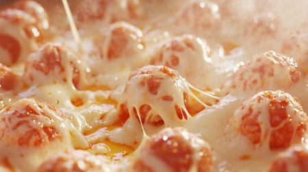 Close-up of melting cheese over meatballs, showcasing a delicious dish. Perfect for culinary projects, food blogs, and cooking demonstrations.の素材