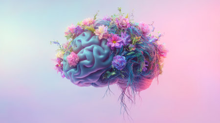 An artistic representation of a brain intertwined with vibrant flowers and soft pastel colors, symbolizing creativity, growth, and tranquility.の素材