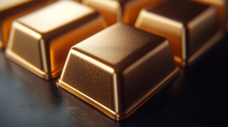 This image captures a closeup of shiny gold bars stacked elegantly on a dark surface, symbolizing wealth and investment opportunities in the finance sector.の素材