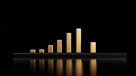 A sleek golden bar chart displayed on a black background, symbolizing financial growth and success. Ideal for presentations and business analysis.の素材