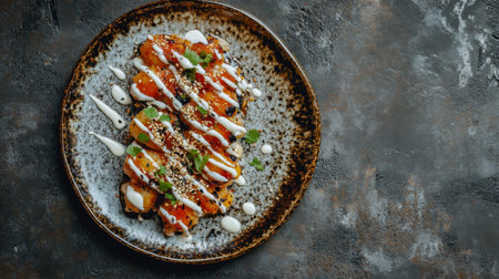 A beautifully plated dish of grilled chicken drizzled with sauce and garnished with herbs, perfect for showcasing culinary artistry in food photography.の素材