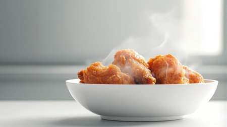 A close-up of crispy fried chicken steaming in a white bowl, showcasing a delicious meal perfect for any occasion. Ideal for food photography.の素材