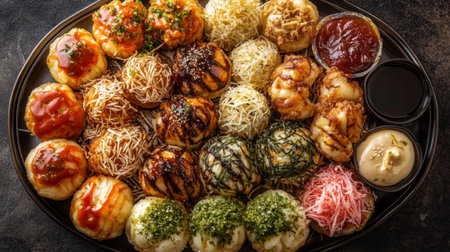 Indulge in a delightful assortment of Japanese street food delicacies. This vibrant platter showcases a variety of flavors, textures, and colors.の素材