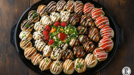 A vibrant platter showcasing an array of gourmet pastries elegantly arranged. Perfect for celebrations, this colorful dessert selection delights with various toppings and textures.の素材