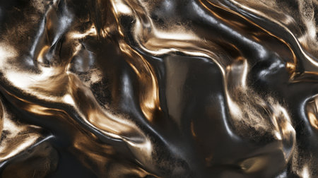 This abstract image showcases dynamic metallic swirls in gold and black, creating a luxurious and elegant texture perfect for modern designs and artistic projects.の素材