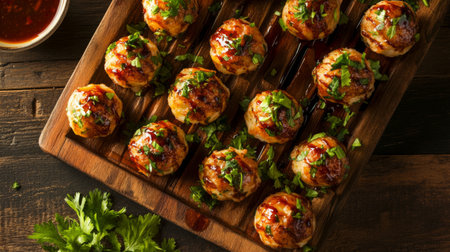 A delicious platter of savory meatballs drizzled with sauce and topped with fresh herbs, perfect for appetizers or meal sharing on a rustic wooden board.の素材