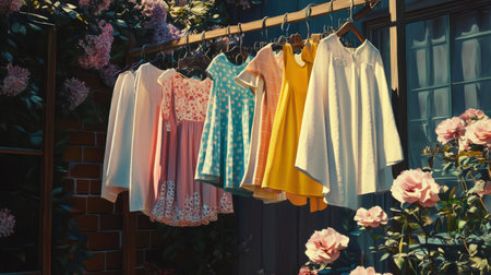 A charming display of colorful dresses hanging in a sunlit garden, surrounded by blooming flowers, evoking a cheerful and serene atmosphere. Perfect for fashion or nature themes.の素材