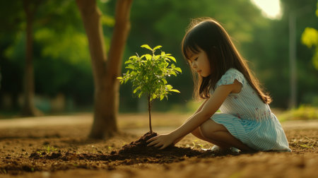 A young girl gently plants a tree in rich soil, showcasing a moment of care for nature and the environment. Captivating scene of innocence and hope.の素材