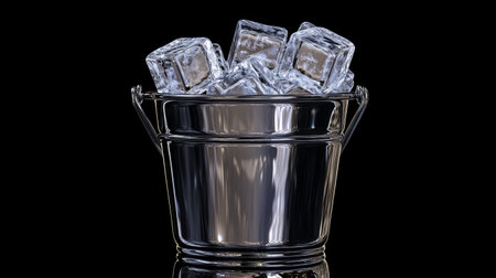 A sleek silver bucket filled with ice cubes, creating a refreshing and modern vibe. Ideal for beverage presentations, parties, and elegant settings.の素材