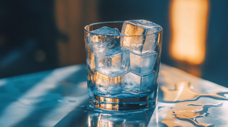 A close-up view of a glass filled with ice cubes sitting on a table. The condensation on the glass enhances the refreshing appearance, perfect for summer vibes.の素材