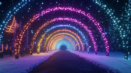 A stunning winter scene showcasing a colorful light tunnel with vibrant arches illuminating the path, creating a magical and festive atmosphere for visitors.の素材