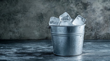 A metal bucket filled with clear ice cubes sits on a rustic gray surface, showcasing condensation and a chilly feel, perfect for refreshing beverages.の素材
