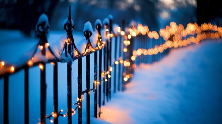 A snowy landscape featuring a decorative fence adorned with twinkling holiday lights at dusk, creating a serene and festive atmosphere. Perfect for winter-themed projects.の素材