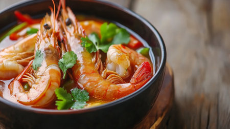 A vibrant bowl of delicious shrimp soup, garnished with fresh herbs and colorful vegetables, perfect for seafood lovers and culinary enthusiasts.の素材