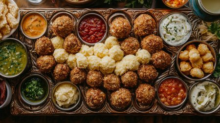 A beautifully arranged platter showcasing a variety of savory dishes, perfect for gatherings or festive occasions, highlighting diverse flavors and textures.の素材