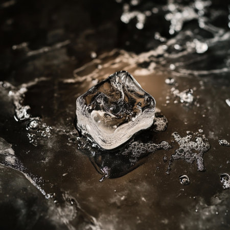 A clear ice cube rests on a dark, textured surface, surrounded by glistening water droplets. The imagery conveys coldness and elegance, perfect for beverage themes.の素材