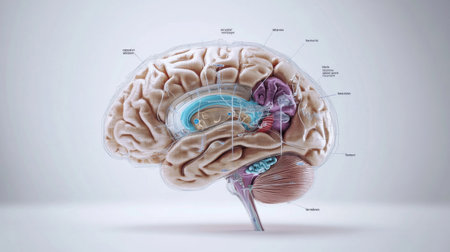 Explore a detailed illustration of human brain anatomy, showcasing various structures and functions. Ideal for educational and scientific use, this image provides a comprehensive visual guide.の素材