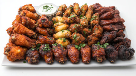 A vibrant platter of assorted chicken wings served with a creamy dipping sauce. Perfect for parties, gatherings, or casual dining, these wings are seasoned and cooked to perfection.の素材