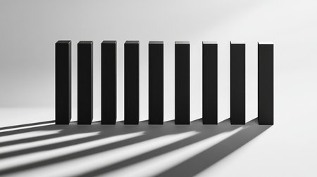 A minimalist composition featuring black vertical blocks casting striking shadows on a white background, emphasizing simplicity, contrast, and modern design.の素材