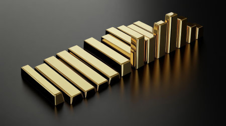 A stunning arrangement of golden bars reflecting on a dark background, showcasing a minimalistic and modern design. Perfect for themes of wealth and success.の素材