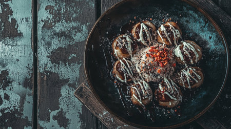 This stunning dessert features a beautifully arranged plate on a rustic wooden table, showcasing rich flavors and artistic presentation, perfect for culinary art.の素材