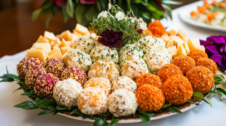 A vibrant cheese ball platter featuring assorted flavors, colors, and textures. Perfect for parties or gatherings, this gourmet snack delights guests and elevates any event.の素材
