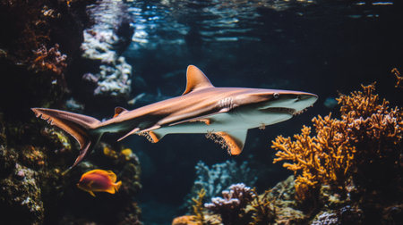 A stunning image of a shark gliding gracefully through a vibrant coral reef, showcasing the beauty and diversity of underwater life in a serene ocean environment.の素材