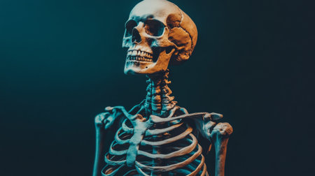This striking image features a realistic anatomical skeleton against a dramatic background. Perfect for educational, medical, and artistic projects.の素材