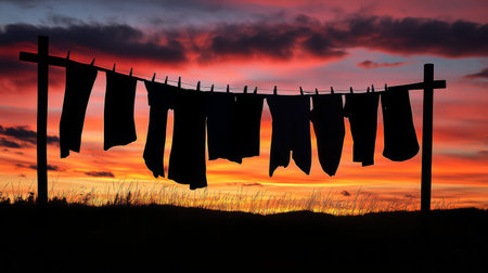 A serene sunset scene featuring a silhouette of clothes hanging on a line against a vibrant sky. The warm colors create a peaceful ambiance.の素材