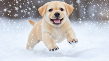 A joyful puppy runs through a snowy landscape, capturing the essence of winter playfulness. This adorable canine enjoys the cold weather and playful snowflakes.の素材