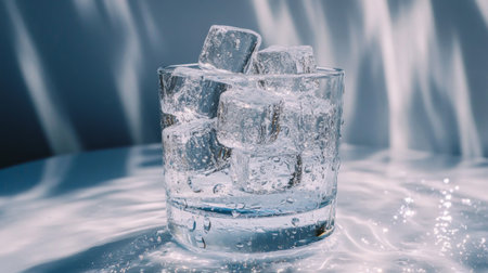 A stylish glass filled with clear ice cubes sits on a reflective surface. The light creates a beautiful pattern, enhancing the refreshing appearance of the chilled drink.の素材